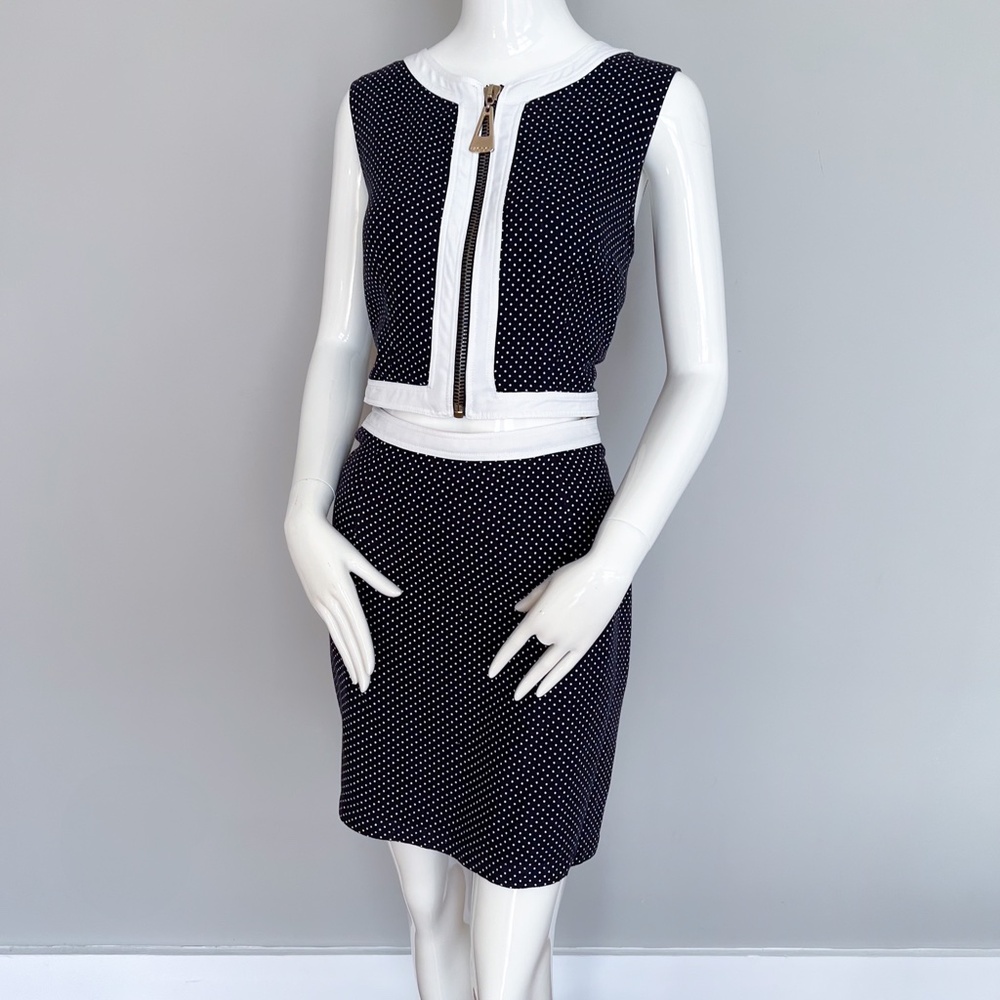 $198 WAGGON PARIS Dark Navy Summer Linen Mini Dress Polka Dot Sleeveless Casual